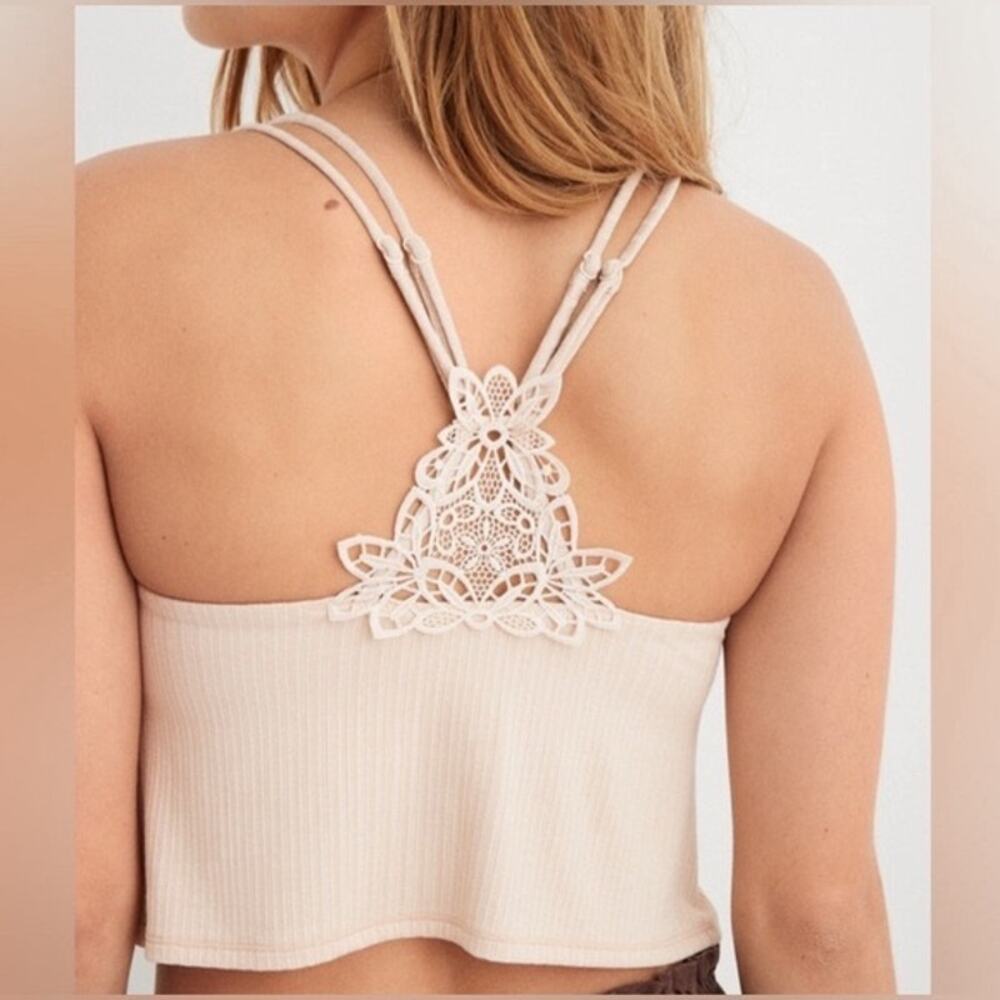 Aerie Tan Sandalwood Ribbed Applique Lace Longline Bralette Size Medium
